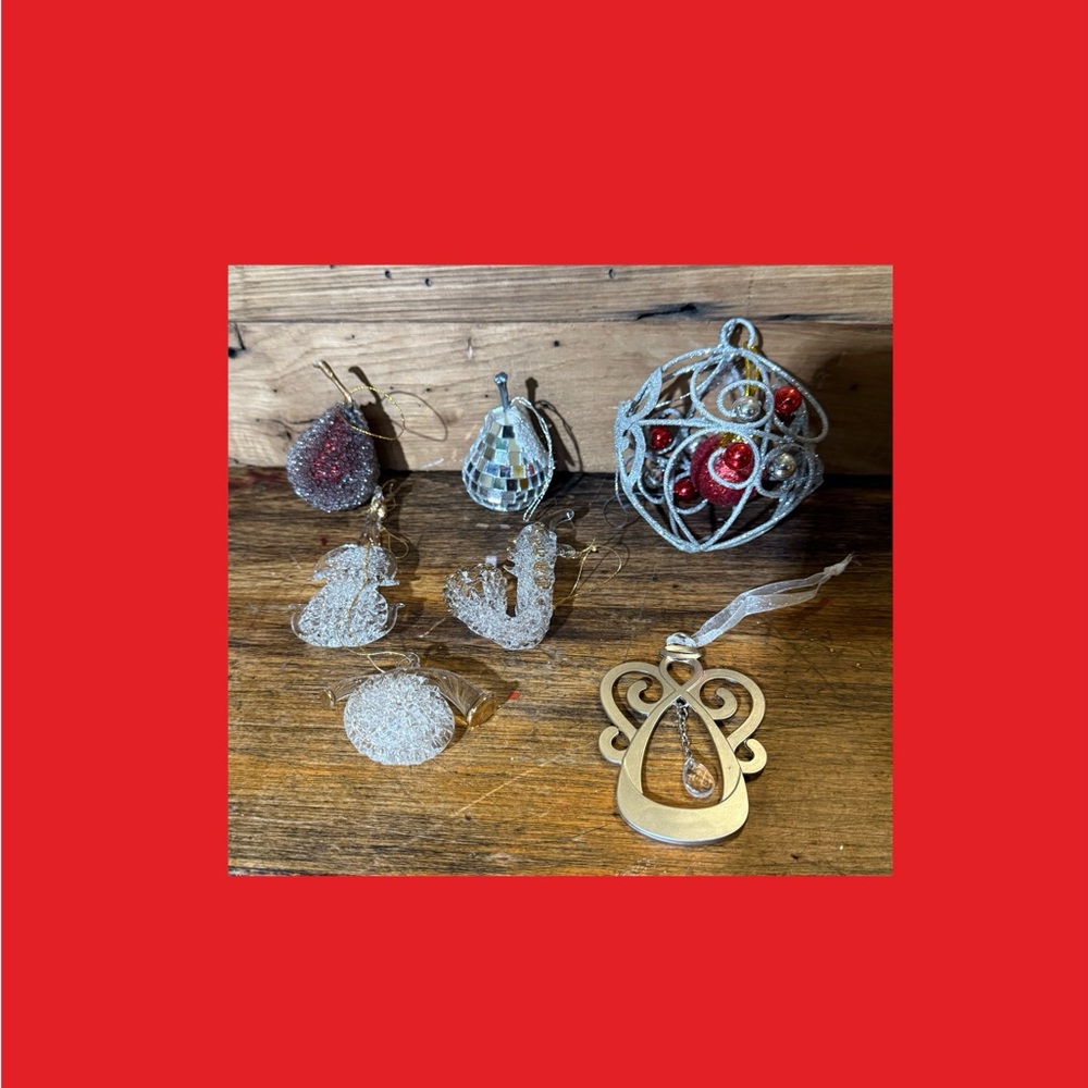 7 Vintage Christmas Tree Ornaments 3 Spun Glass Instruments, Sugared Plum, Pear